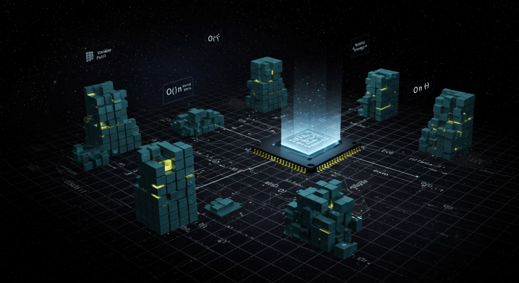 Glowing bubbles being rearranged in a single array, representing Bubble Sort’s in-place sorting with minimal space usage, set against a grid-like background of memory blocks.