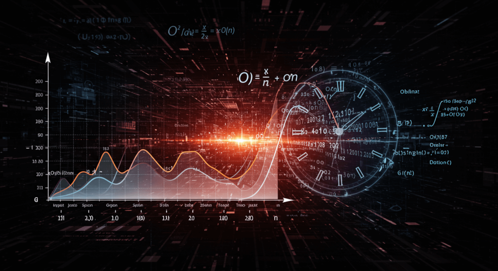 A graph of Bubble Sort's time complexity with labeled axes and glowing bubbles moving in pairs along an ascending path, symbolizing the O(n²) comparisons for sorting larger datasets.