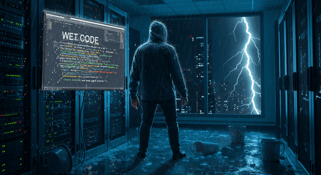 A funny depiction of a programmer in a rain-soaked server room, wearing a drenched hoodie, typing on a keyboard with smudged 'wet code' on the screen, surrounded by flooding water and lightning in the background