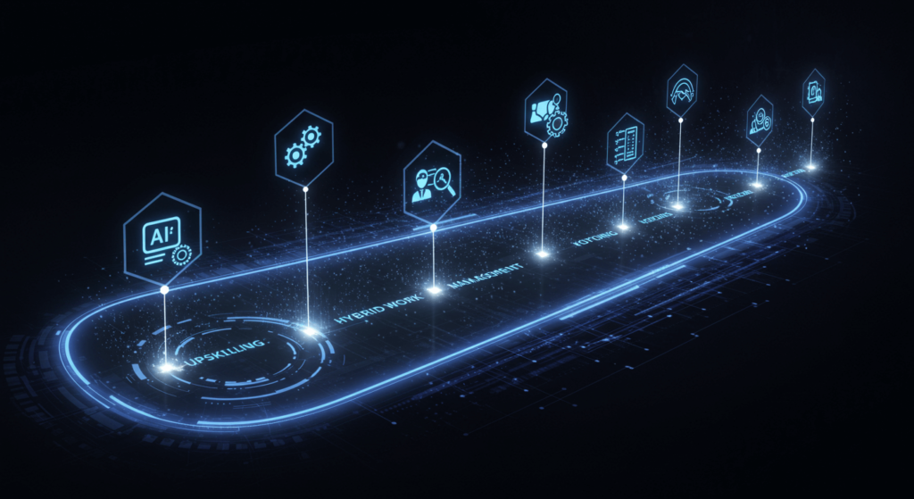 Conceptual roadmap to the future of software project management with AI, hybrid work, and upskilling.