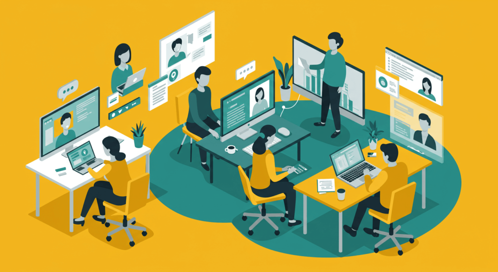 Illustration of a hybrid work model with a team collaborating in-office and remotely via video calls.